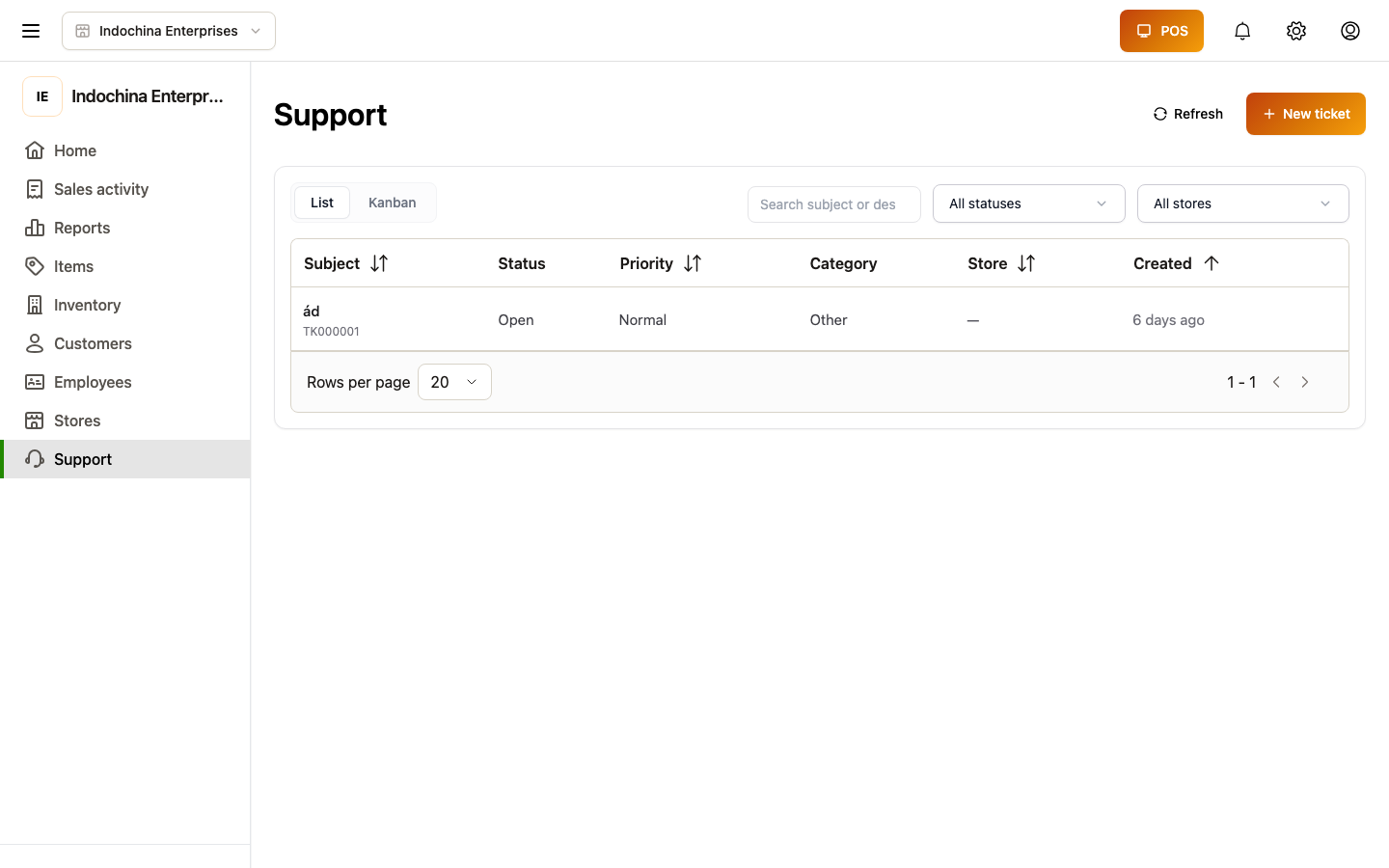 Support tickets list