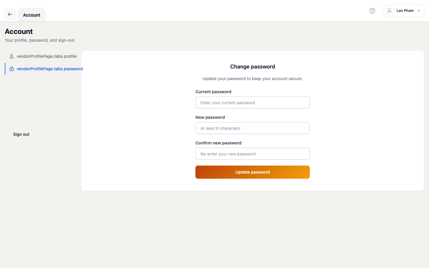 POS workspace Settings — Password tab