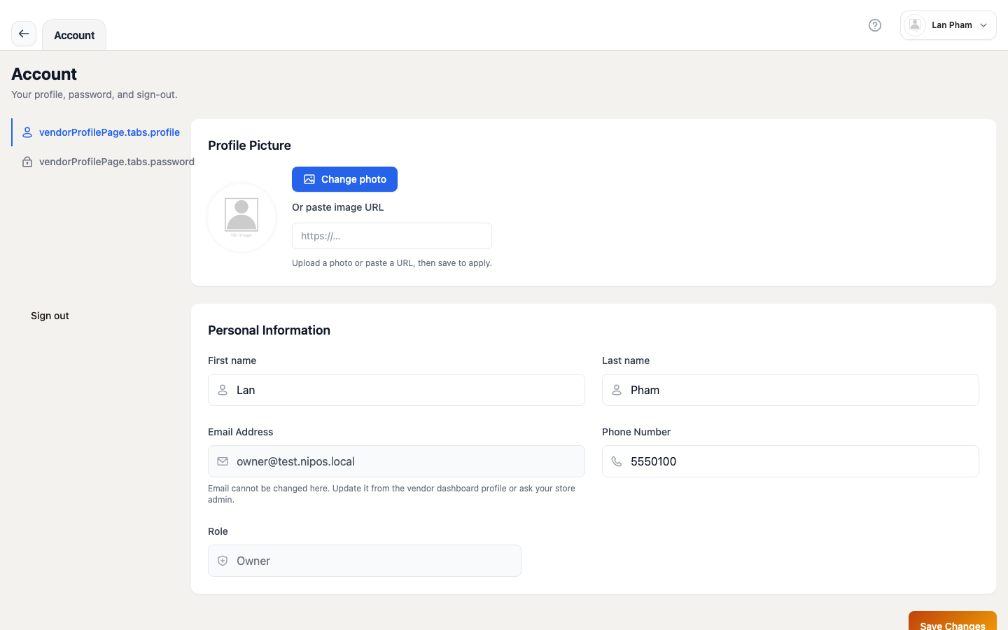POS workspace Settings — Profile (Account) tab