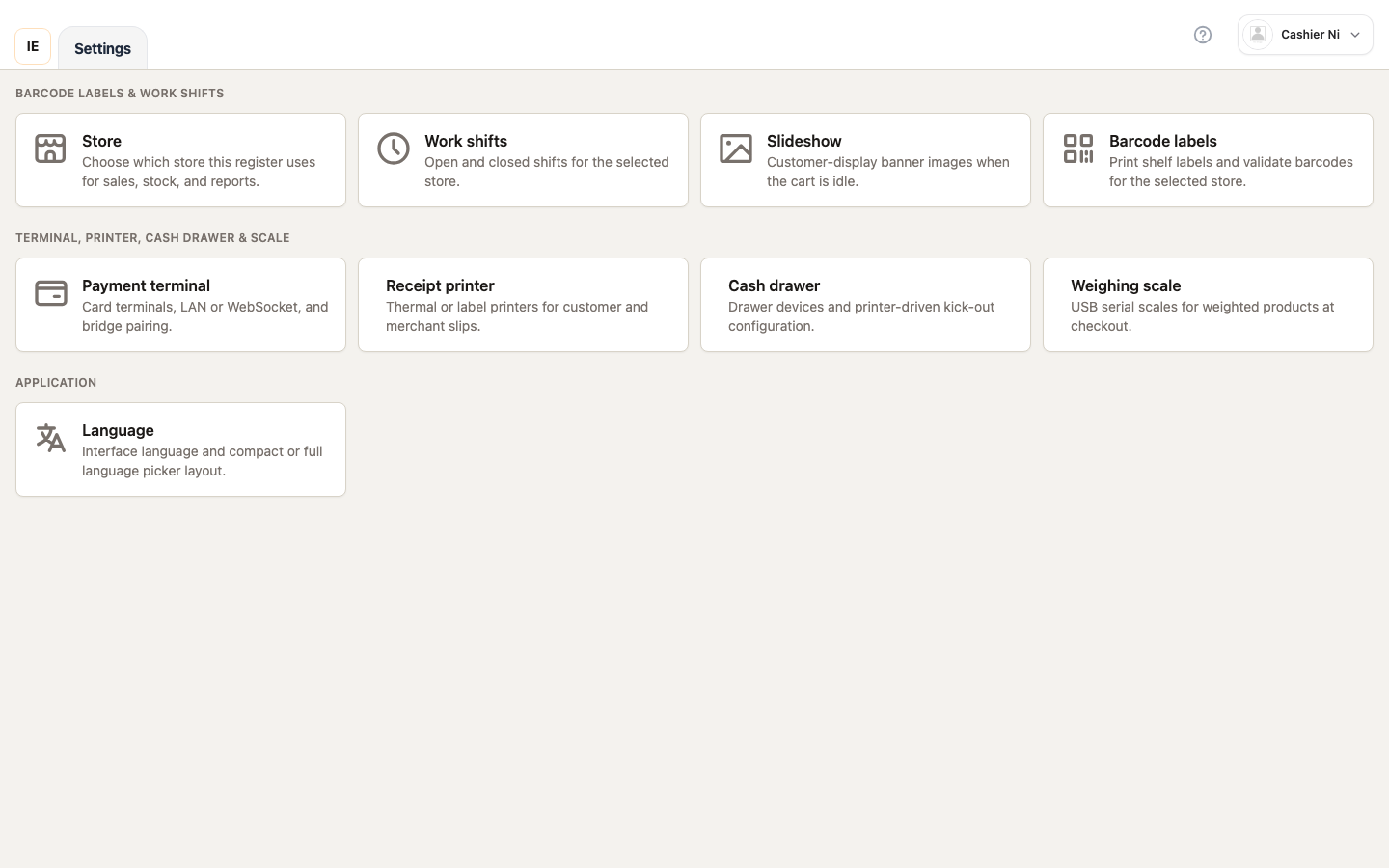 Cashier settings hub