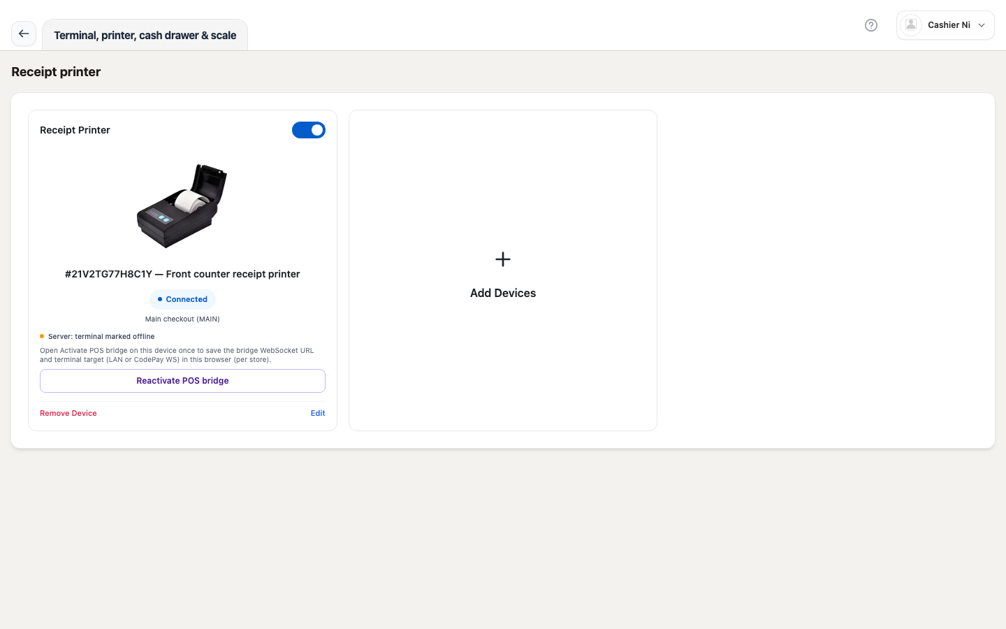 Receipt printer device list in the hub