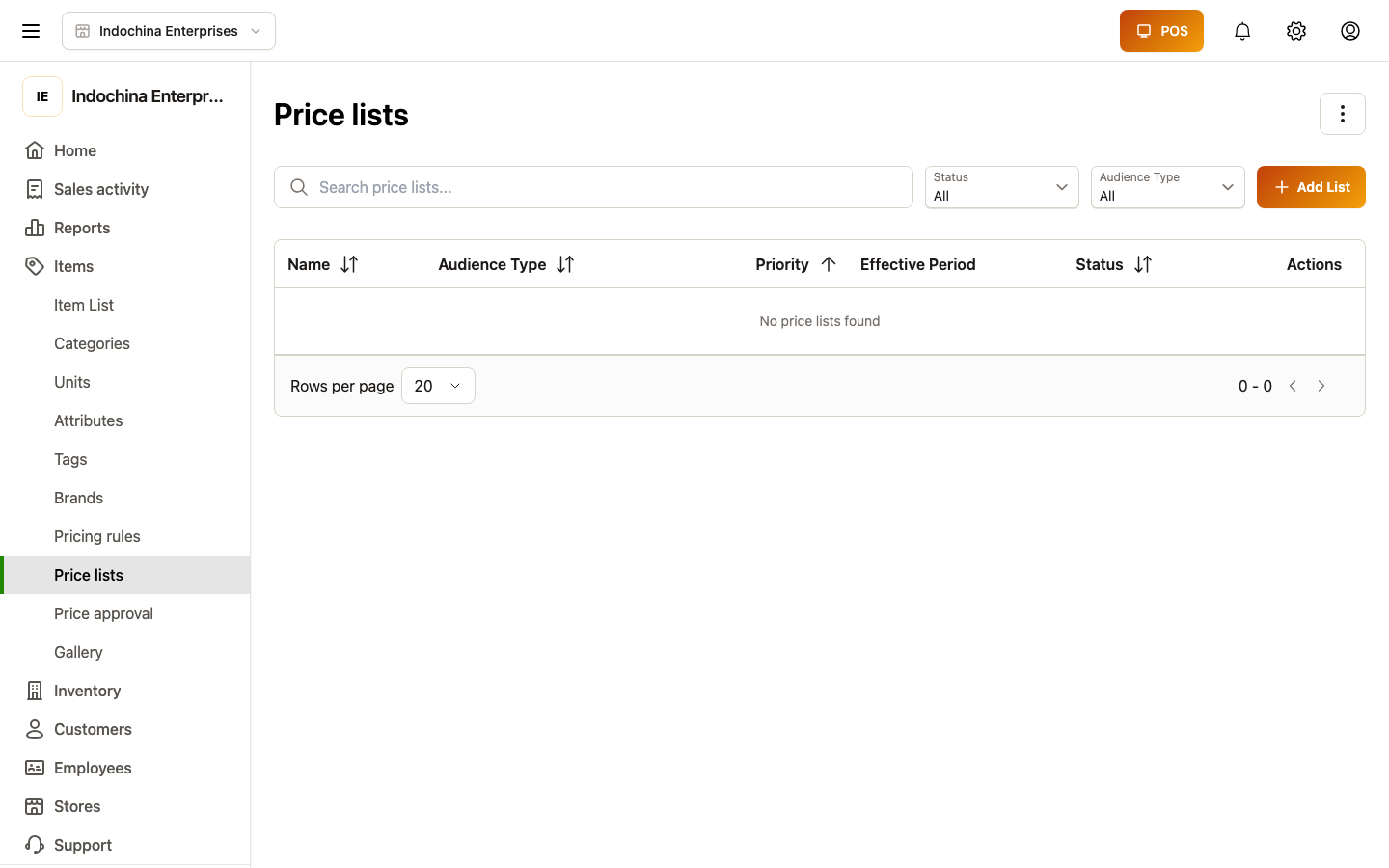 Price lists list