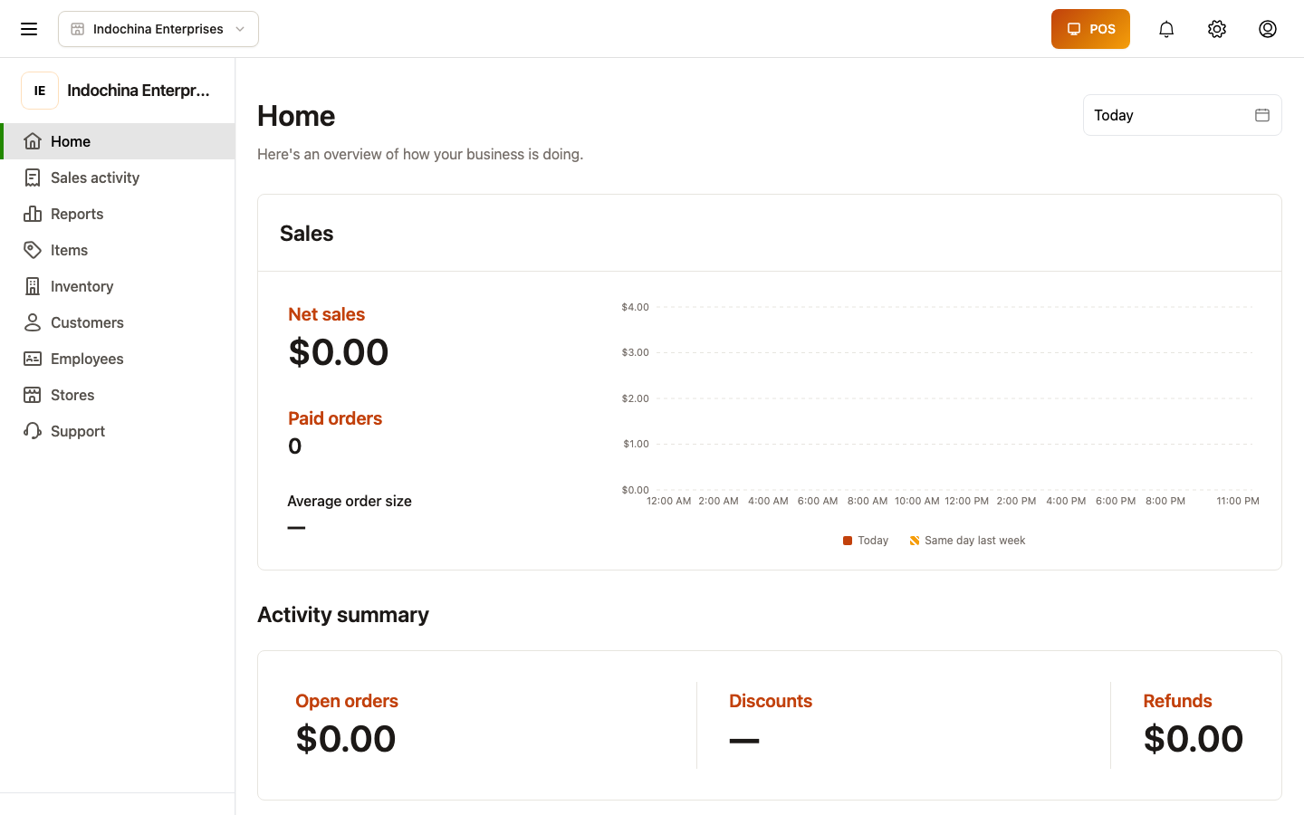 Owner dashboard home — KPI tiles, recent activity, quick links