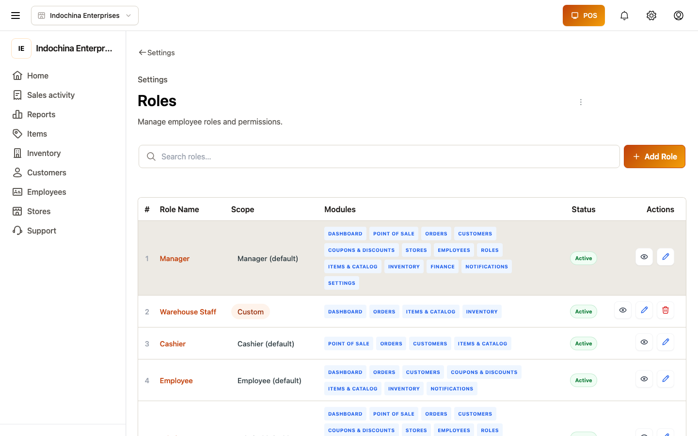 Roles list — every role preset with description
