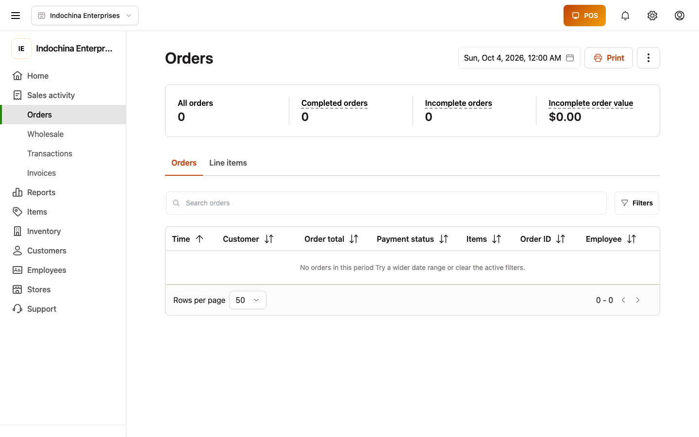 Order detail — line items, payments, totals, timeline, refund button