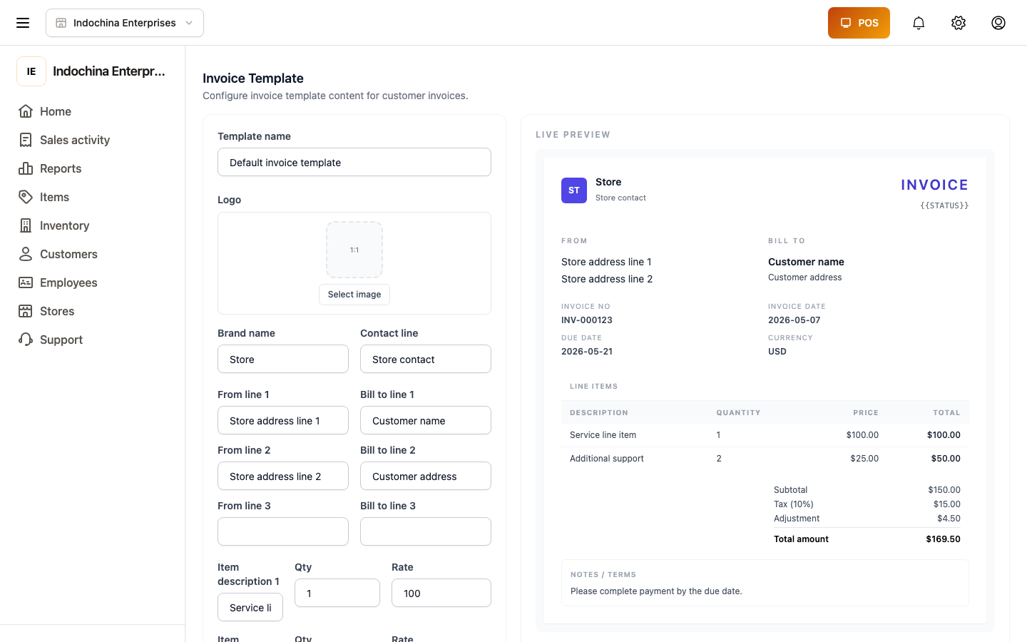 Invoice template — header fields used for VAT invoices