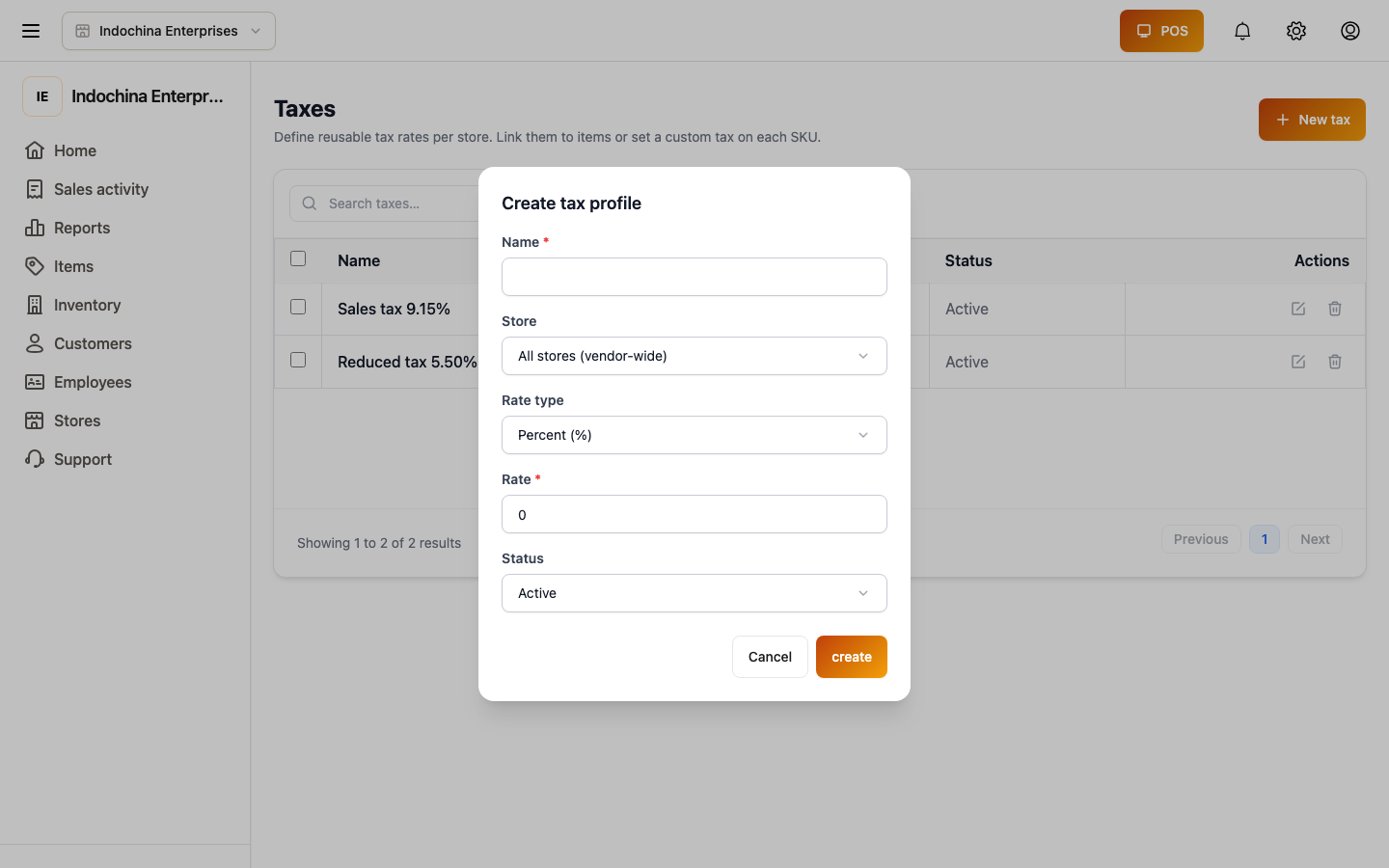 Create tax form — name, store, rate type, rate value, status