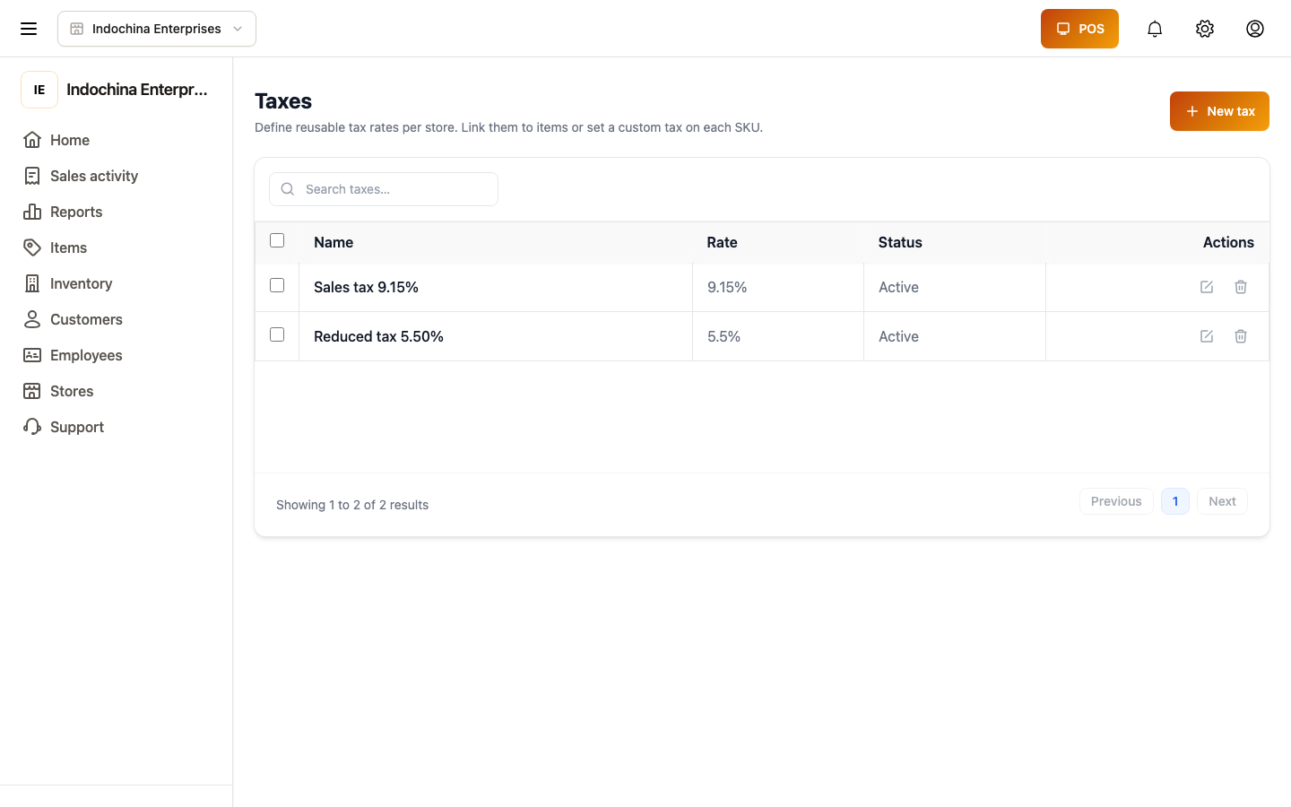 Taxes list — every configured tax profile with rate, store scope, and status