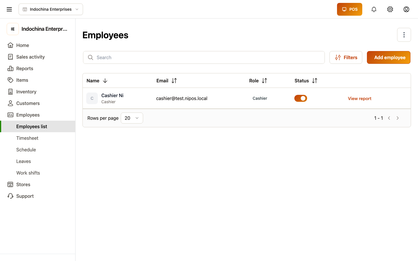 Employees list — name, email, store, role, status