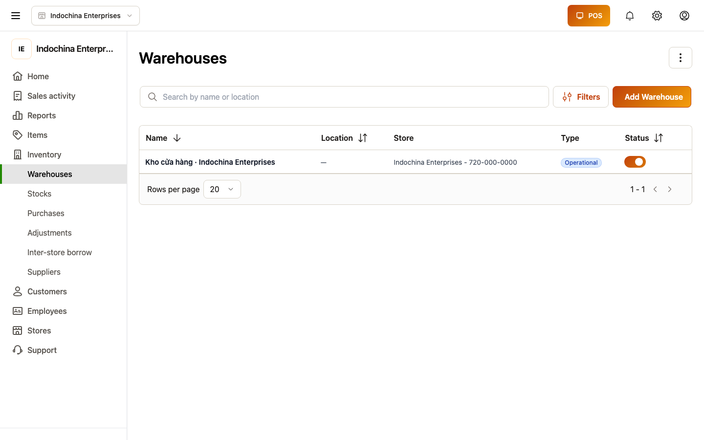 Warehouses list