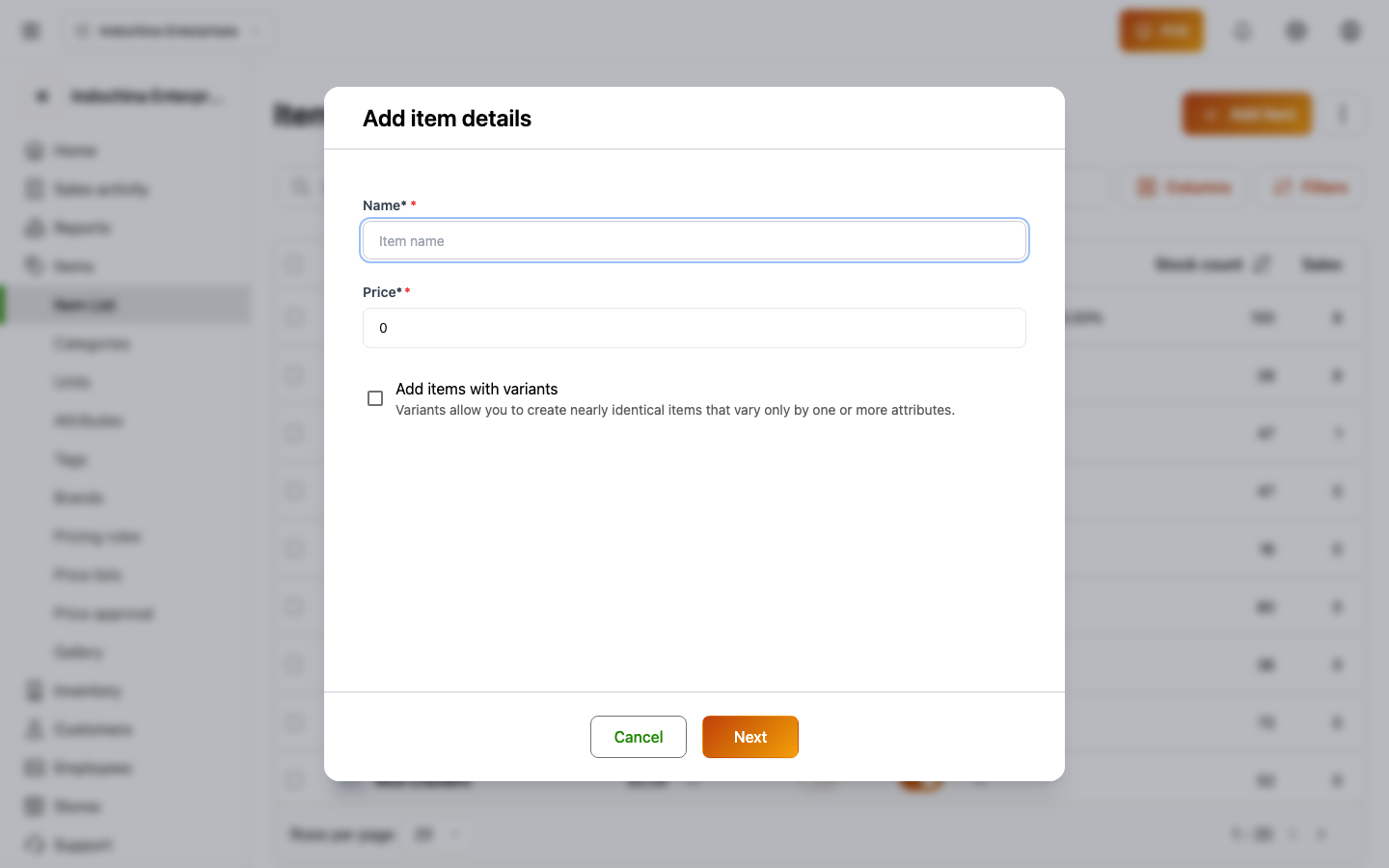 Add item details modal