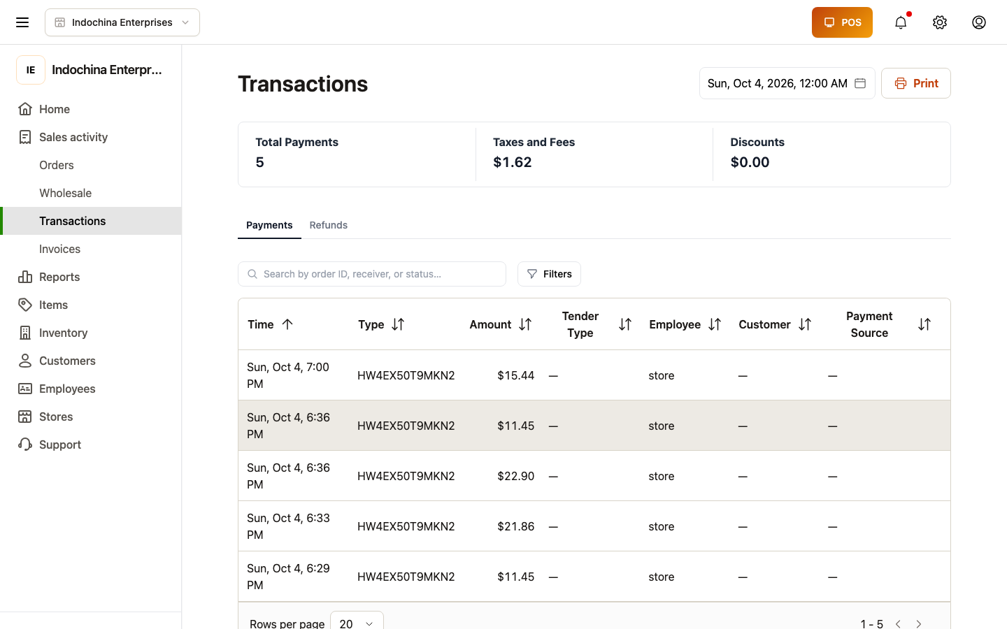 Finance transactions — every payment / refund lands here