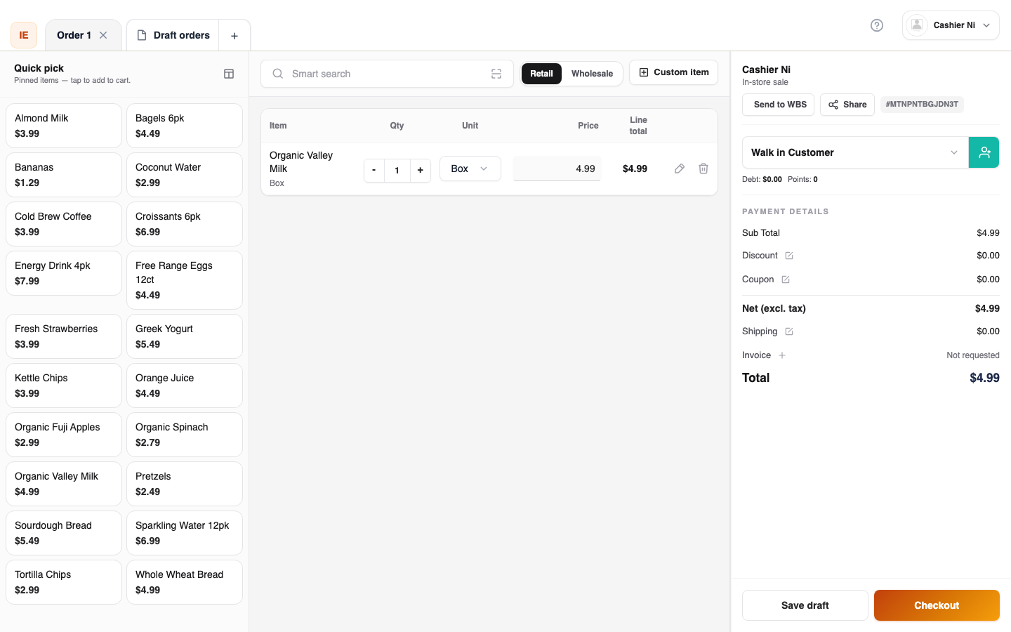 POS workspace with lines in cart — Checkout enabled