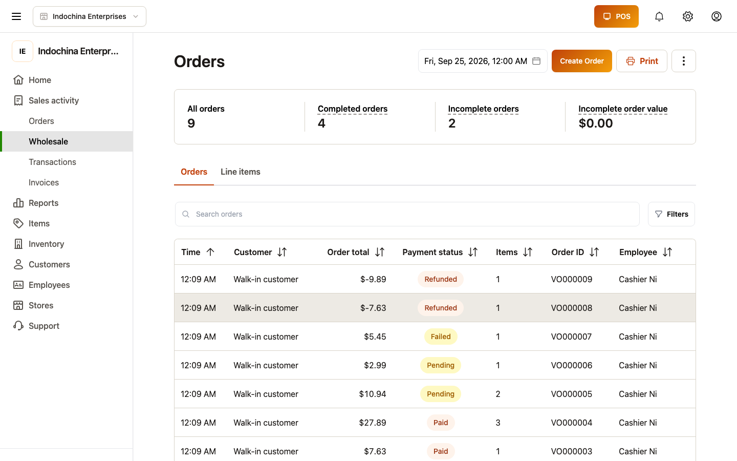 Wholesale orders list